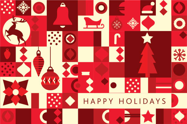 ilustrações, clipart, desenhos animados e ícones de happy holidays greeting mosaico greeting card flat design model com ornamentos de férias, veados e árvores, formas geométricas e ícones simples - silhouette abstract backgrounds design