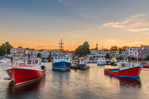 Rockport, Massachusetts, USA downtown and harbor view at dusk.