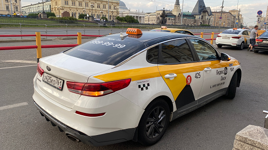 Moscow, Russia - August 3. 2022: Cityscape with a view of The Yandex Taxi