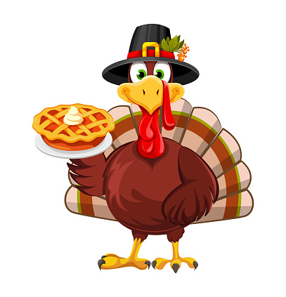 Happy Thanksgiving Day. Funny Thanksgiving Turkey bird in pilgrim hat holding pumpkin pie. Stock vector illustration on white background