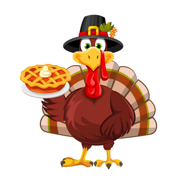 Happy Thanksgiving. Funny Thanksgiving Turkey bird Happy Thanksgiving Day. Funny Thanksgiving Turkey bird in pilgrim hat holding pumpkin pie. Stock vector illustration on white background pilgrim stock illustrations