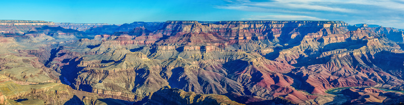 A panoramic image of the northern side of the Grand Canyon. The image was taken from Navajo overlook in Grand Canyon National Park and spans an estimated 8 - 12 miles.