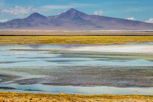Salar de Atacama volcanic landscape and salt lake in Atacama Desert, Chile, South America