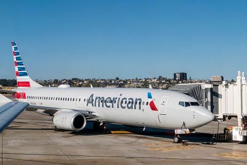 American Airlines Boeing 737-800 aircraft with registration N866NN parked at Gate 31 at San Diego International Airport in March 2022
