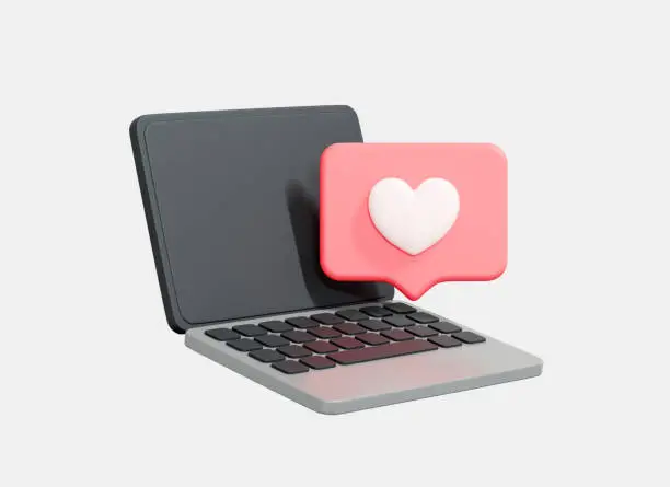 Photo of 3D Laptop with like icon. Social media marketing concept. Heart emoji speech bubble. Social network message on computer screen. Cartoon creative design icon isolated on white background. 3D Rendering