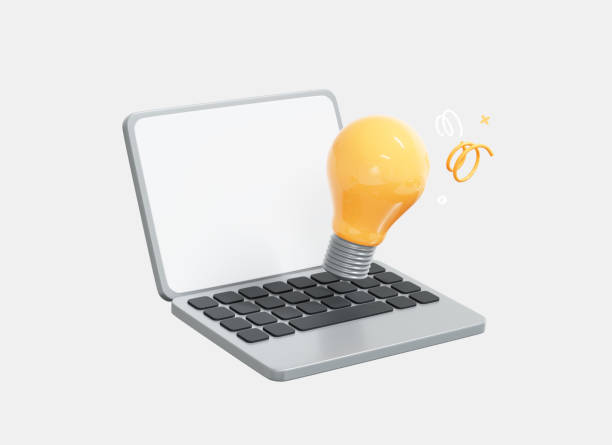istock 3D Laptop with Lightbulb. Genius business idea. Opening online startup. Plan strategy and solution concept. Success in work. Cartoon creative design icon isolated on white background. 3D Rendering 1417782331