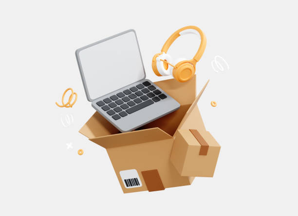 3D Open Cardboard box with floating Laptop and Headphones. Fast delivery order from store. Moving concept. Unboxing parcel. Cartoon creative design icon isolated on white background. 3D Rendering stock photo