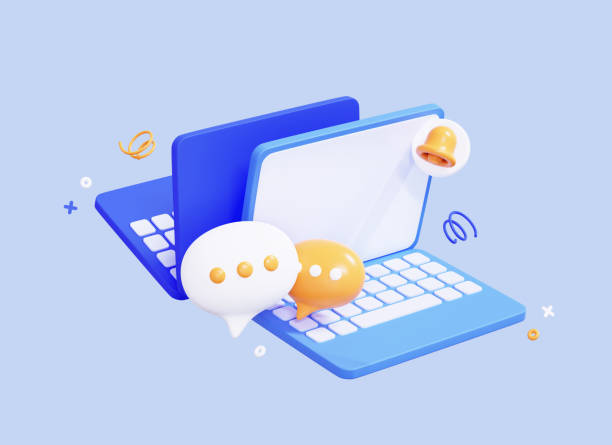 3D Laptop with speech bubble message and bell notification. Online chatting via computer. Social media concept. Marketing time. Cartoon creative design icon isolated on blue background. 3D Rendering computadora portátil 3d con mensaje de burbuja de voz y notificación de campana. chat en línea a través de la computadora. concepto de redes sociales. tiempo de comercialización. icono de diseño creativo de dibujos animados aislado sobre fondo azul.