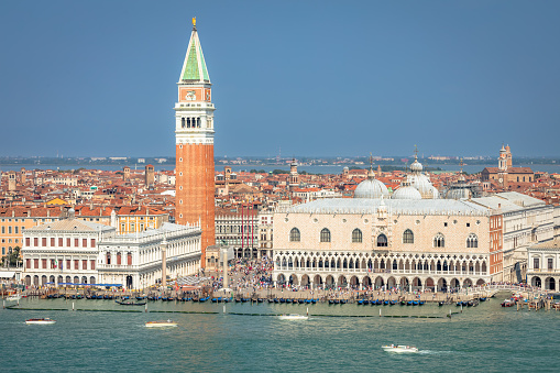 St. Mark's Square seen from above San Giorgio Maggiore island and Grand canal, Venice, Italy