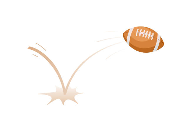 istock Bouncing rugby game ball with trajectory jumps on the ground. Rugby accessories. Bounce ball. Sport playing equipment. Inflatable Rugby game symbol. Flat vector isolated design element 1417782704