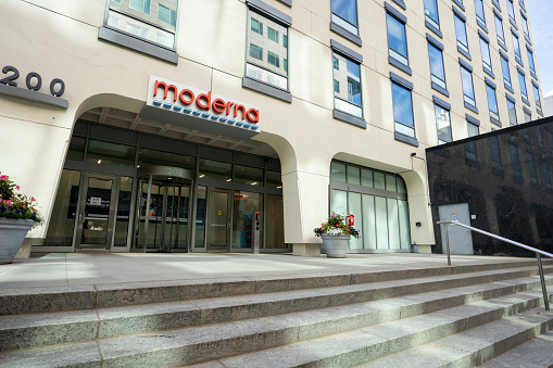 Cambridge, MA, USA - June 29, 2022: Front view of the headquarters of Moderna, Inc., an American pharmaceutical and biotechnology company, in Cambridge, Massachusetts.