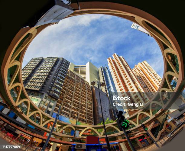 View Of The Building From Under The Footbridge At The Junction Of Yee Wo Street And Sugar Street Stock Photo - Download Image Now