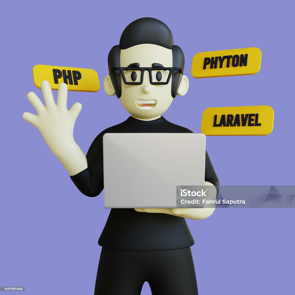 3D Character Illustration of Back End Developer Coding Stock Photo