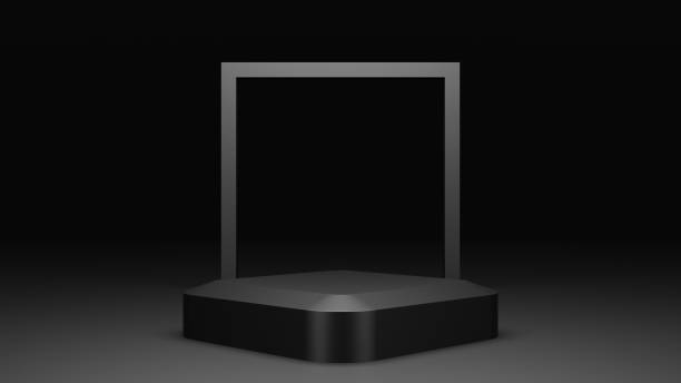 istock empty black podium display, minimal dark pedestal for product showcase, blank stage, 3D Rendering 1417801743
