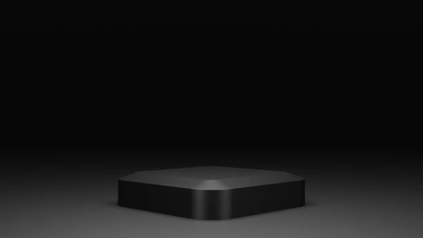 istock empty black podium display, minimal dark pedestal for product showcase, blank stage, 3D Rendering 1417801764