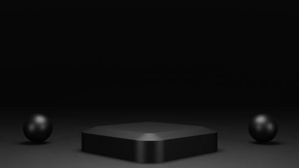 istock empty black podium display, minimal dark pedestal for product showcase, blank stage, 3D Rendering 1417801769