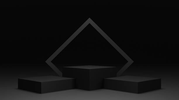 istock empty black podium display, minimal dark pedestal for product showcase, blank stage, 3D Rendering 1417801800