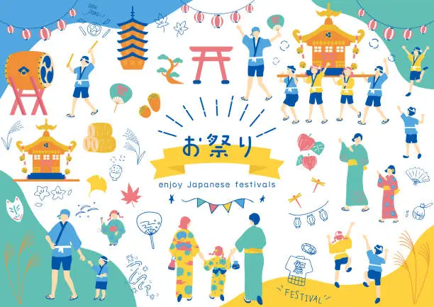 Vector illustration of Japanese traditional festival icons and YUKATA people