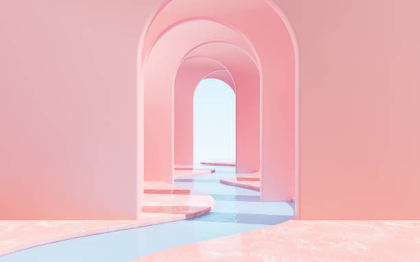istock Arch architecture with water background, arch tunnel , geometric construction, 3d rendering. 1417805463
