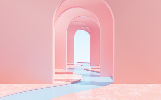 Arch architecture with water background, arch tunnel , geometric construction, 3d rendering. Computer digital drawing.