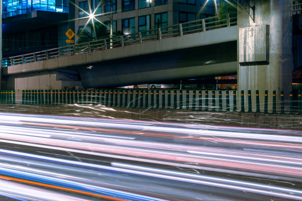 Light trails at Mexico City beltway traffic at night