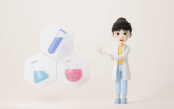 istock 3D cartoon female analyst with chemical vessel, 3d rendering. 1417805511