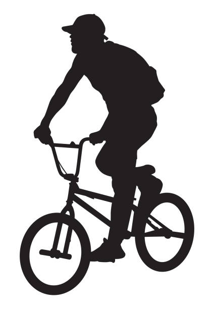 ilustrações de stock, clip art, desenhos animados e ícones de man riding a bicycle silhouette - bmx cycling illustrations