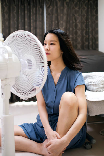 istock Young woman cooling down with a fan 1417806618