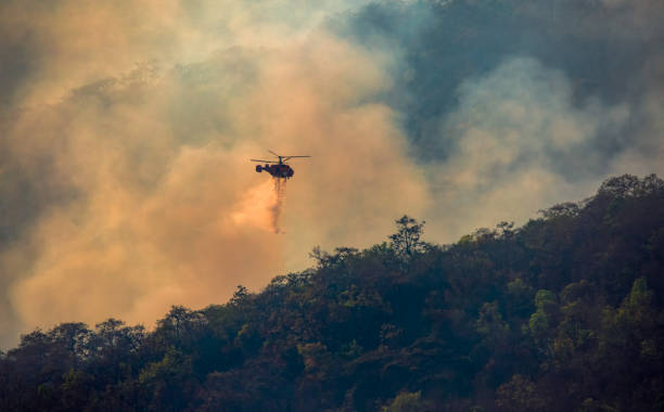 elicottero antincendio che getta acqua sugli incendi - siberia river nature photograph foto e immagini stock