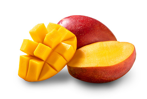 Close up of beautiful delicious ripe mango isolated on white table background, clipping path cut out.