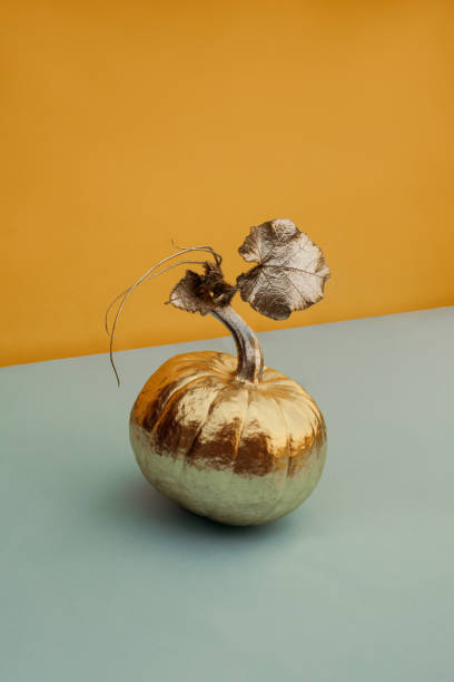 istock Modern autumn composition, decorated golden pumpkin with leaves on pastel two-tone background 1417819932