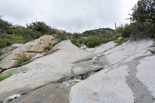 Aguirre Springs in monsoon season, with waters high and vegetation green, monsoon drainage cascades over  granite creek bed on foggy day