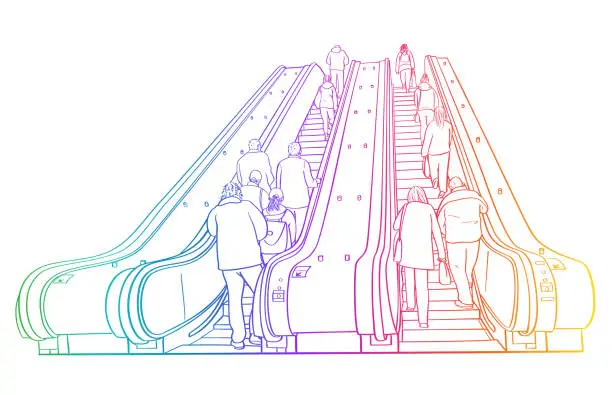 Vector illustration of Two sets of escalator with people going up on both sides