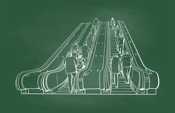 Vector illustration of Two sets of escalator with people going up on both sides