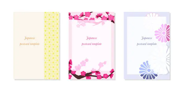 Vector illustration of Japanese style floral postcard design set.