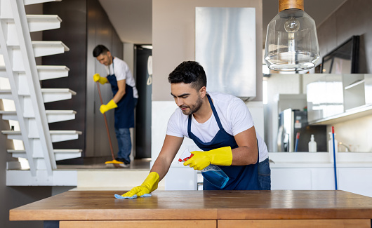 Team of professional Latin American cleaners cleaning an apartment - housework concepts