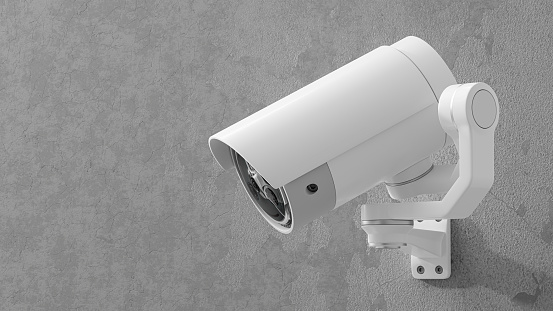 CCTV camera on cement wall. Scan the area for surveillance purposes. technology and innovation concept. 3D Render