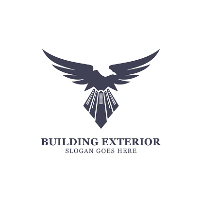 hawk building exterior logo with a combination of a eagle with a buildings as its tail, very good for building company logo, real estate construction etc