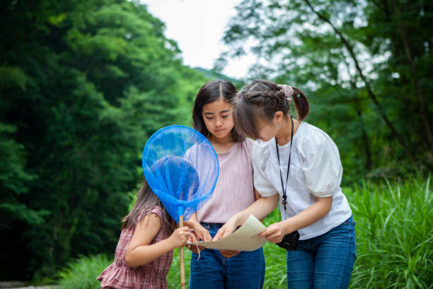 Girls  in forest river with map