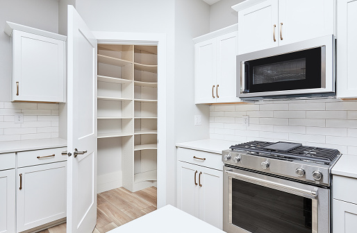 Empty pantry with oven and microwave in the modern kitchen.