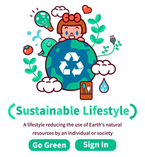 Vector illustration of The concept of sustainability and environmental protection, a cute girl with the Earth