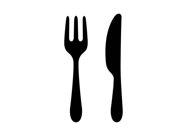 ilustraciones, imágenes clip art, dibujos animados e iconos de stock de cuchillo tenedor silueta icono vector icono - fork silverware spoon table knife