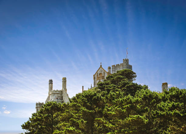 Silhouette of medieval monastery on a cliff with pine trees in front and blue sky with striking clouds in background