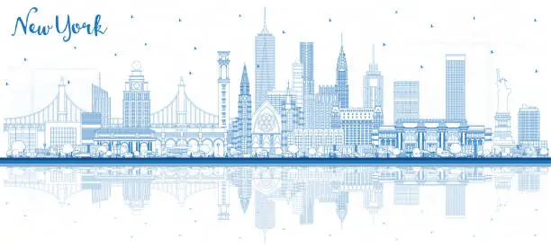 Vector illustration of Outline New York USA City Skyline with Blue Buildings and Reflections.