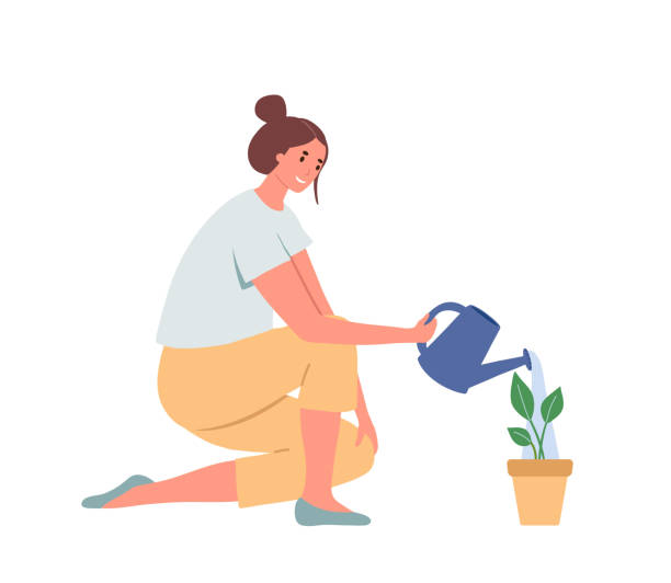 istock Smiling young woman watering plant in pot. Vector flat illustration. Joyful girl making gardening job isolated on white. Happy female with watering can taking care to growing flower 1417840848