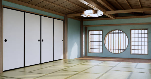 istock Mint Empty large hall, Asia interior cleaning room zen style. 3D rendering 1417847323