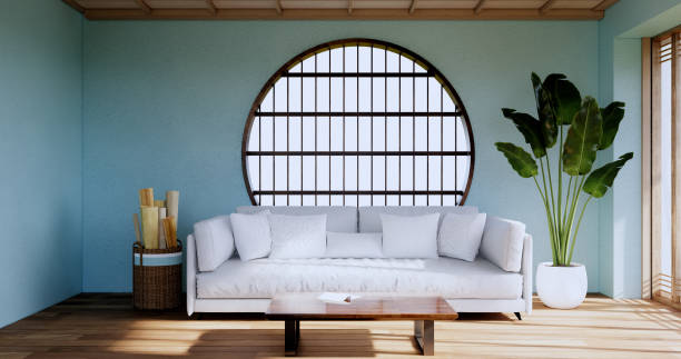 istock Light blue Living room has decorated with lamps and plants trees .3d rendering 1417847521