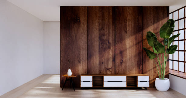 istock Cabinet wooden design on white room interior modern style.3D rendering 1417847550