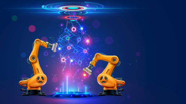 Neural network or artificial intelligence in industry 4.0. Robotic arms creates neural network on podium in virtual reality. Industrial revolution. Concept of futuristic industry technology. vector art illustration