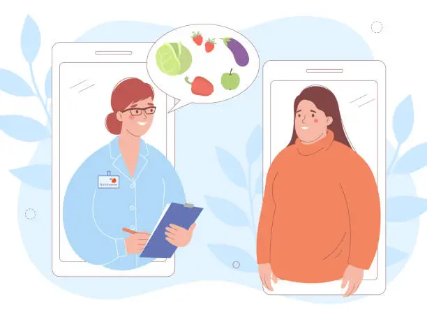 Vector illustration of Online consultation. Female dietitian advises an overweight woman, doctor gives recommendations on proper nutrition. Concept of healthy lifestyle and proper nutrition.